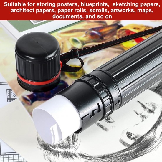 Plastic tube for storing media, drawings, maps and documents, waterproof, adjustable diameter 8 cm * height 108 cm (black)